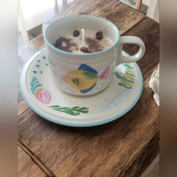 Fresh Brewed Coffee Scented Candle Nautical Teacup & Saucer - Picture 3 of 4